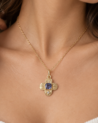 14K Gold Blue Spinel Diamond Pendant, Textured Gold