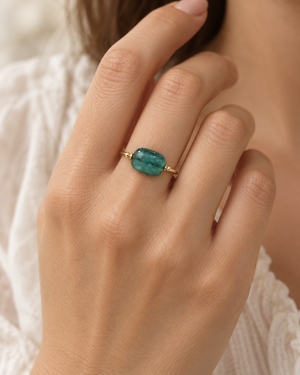 14K Gold Tumble Emerald Ring, Drilled Stone Ring