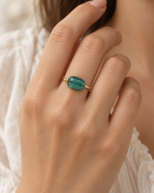 14K Gold Tumble Emerald Ring, Drilled Stone Ring