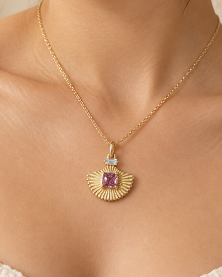 14K Gold Blue & Pink Spinel Pendant, Baguette Diamond