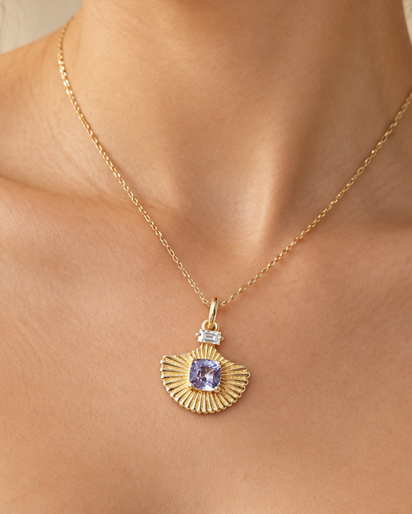 14K Gold Blue & Pink Spinel Pendant, Baguette Diamond