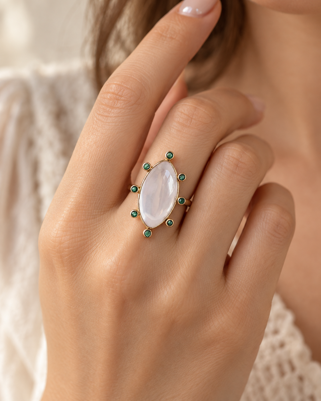 Milky Rose Quartz Emerald 14k Ring, Marquise Cabochon