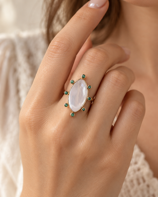 Milky Rose Quartz Emerald 14k Ring, Marquise Cabochon