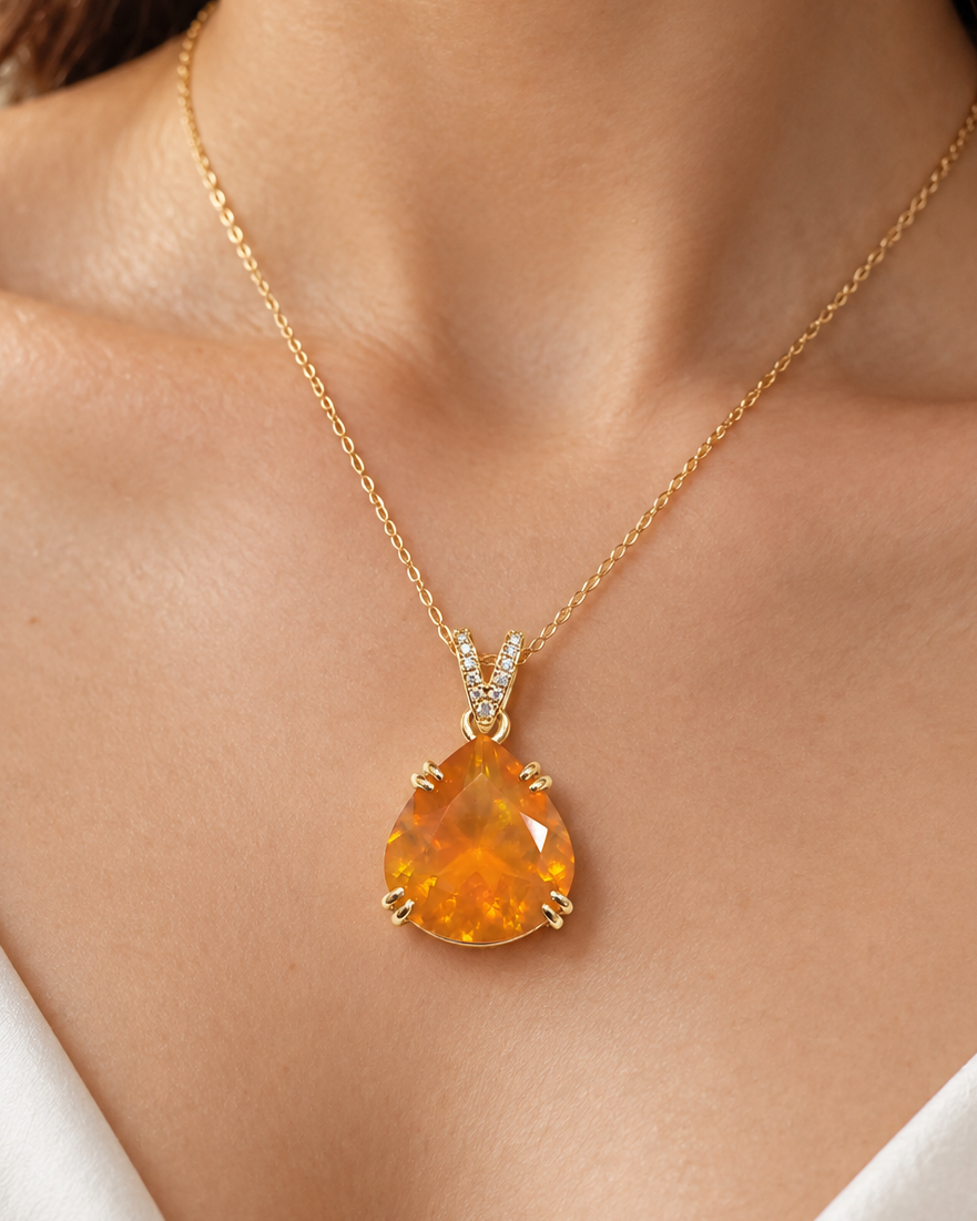14k Gold Orange Fire Opal Pendant • Diamond Bail