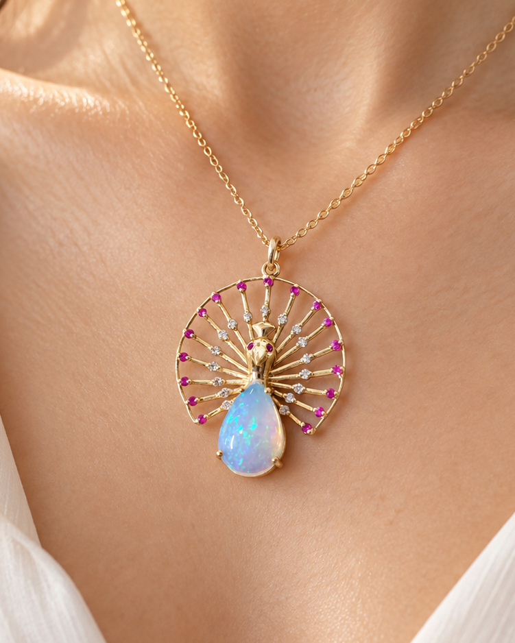 Peacock Inspired Ethiopian Opal Pendant in 14K Gold with Ruby & Diamonds