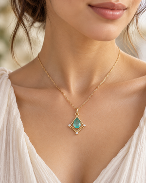 Natural Emerald Pendant with Diamond Accents in Solid 14K Gold
