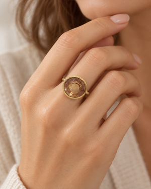 14k Matte Gold Imperial Topaz Ring, Round Peach Topaz Ring