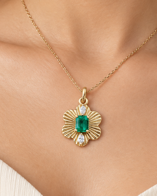 14K Gold Natural Emerald & Diamond Flower Pendant