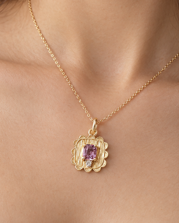 Textured 14K Gold Natural Pink Spinel & Diamond Pendant