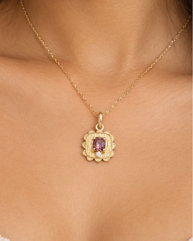 Textured 14K Gold Natural Pink Spinel & Diamond Pendant