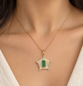 14K Solid Gold Natural Baguette Emerald & Diamond Starburst Pendant