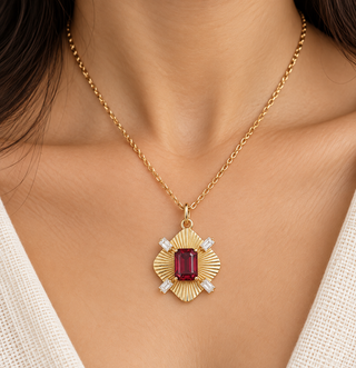 14k Gold Pink Tourmaline & Baguette Diamond Pendant