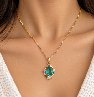 Elegant Pear Emerald Pendant, Handmade 14k Gold Fine