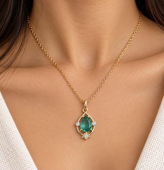 Elegant Pear Emerald Pendant, Handmade 14k Gold Fine