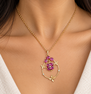 14k Gold Natural Ruby Floral Pendant