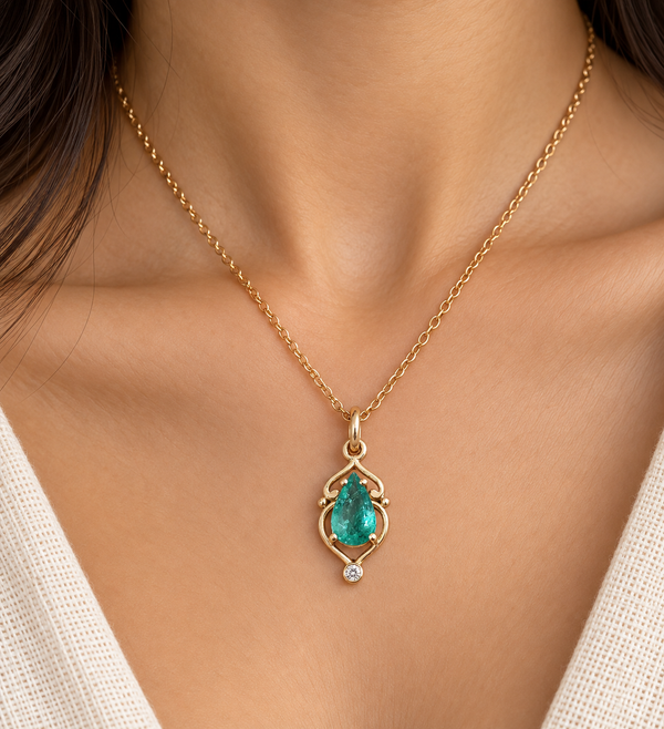 14K Gold Zambian Emerald Diamond Pendant