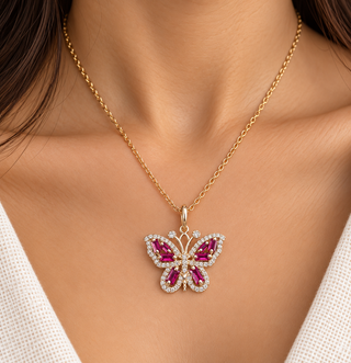 14k Gold Ruby Butterfly Pendant with Diamond Halo