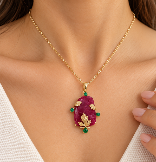 14k Gold Natural Ruby and Emerald Handmade Pendant