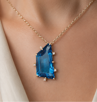 14K Gold Swiss Blue Topaz & Diamond Pendant