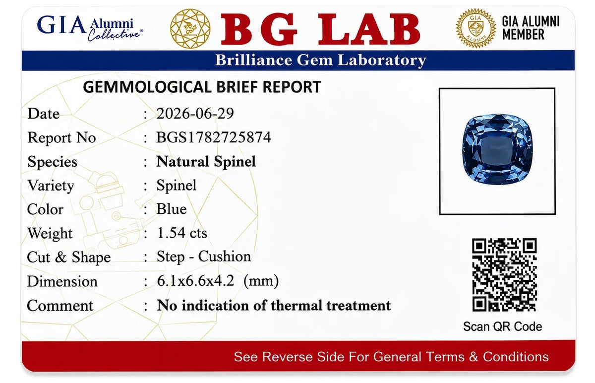 Blue natural spinel gemstone, 1.54 cts, step-cushion cut, certified by BG Lab with GIA Alumni verification