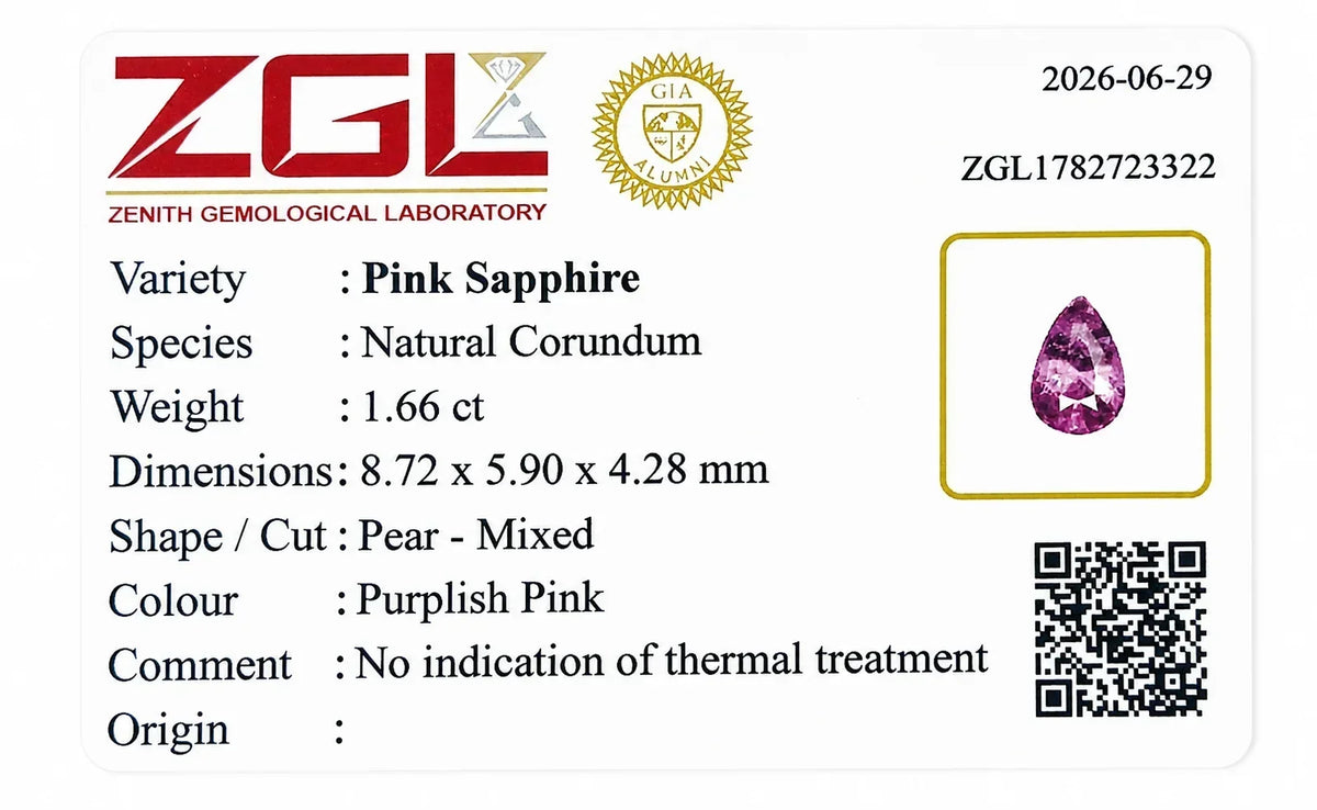 1.66 ct pear-cut pink sapphire gemstone, purplish pink, natural corundum, ZGL certified