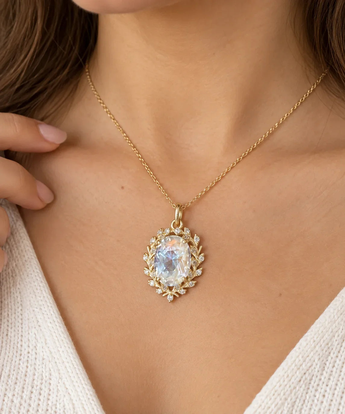14K Gold Madagascar Moonstone & Diamond Pendant