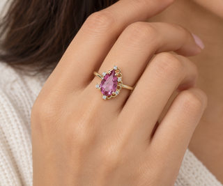 14K Gold Pink Tourmaline Diamond Ring, Teardrop Shape
