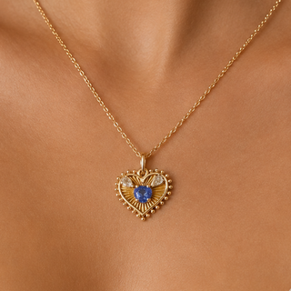 14K Gold Blue Sapphire Diamond Heart Pendant