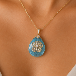 14K Solid Gold Aquamarine Carving with Diamond Pear Pendant