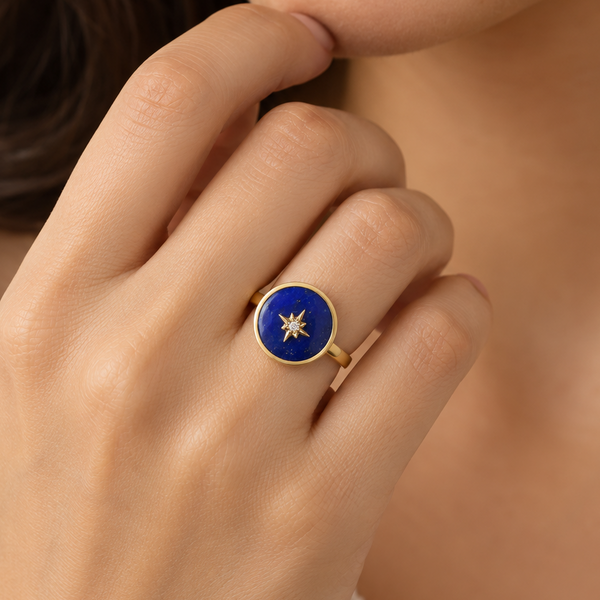 Bague en or 14 carats en forme de poire avec lapis lazuli et diamants