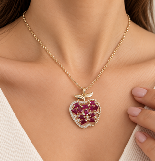 14k Gold Ruby Apple Pendant with Diamond Halo