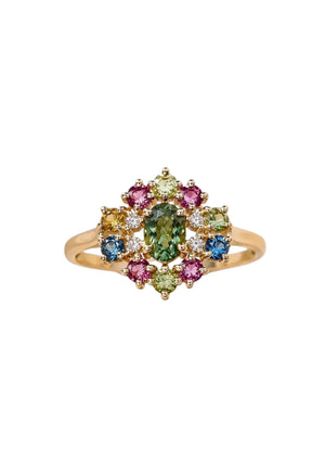 14K Gold Green Sapphire with Multi Tourmaline Ring