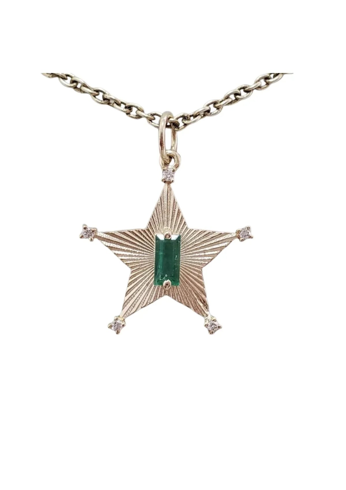 Gold star pendant necklace with emerald center and diamond accents, elegant jewelry accessory