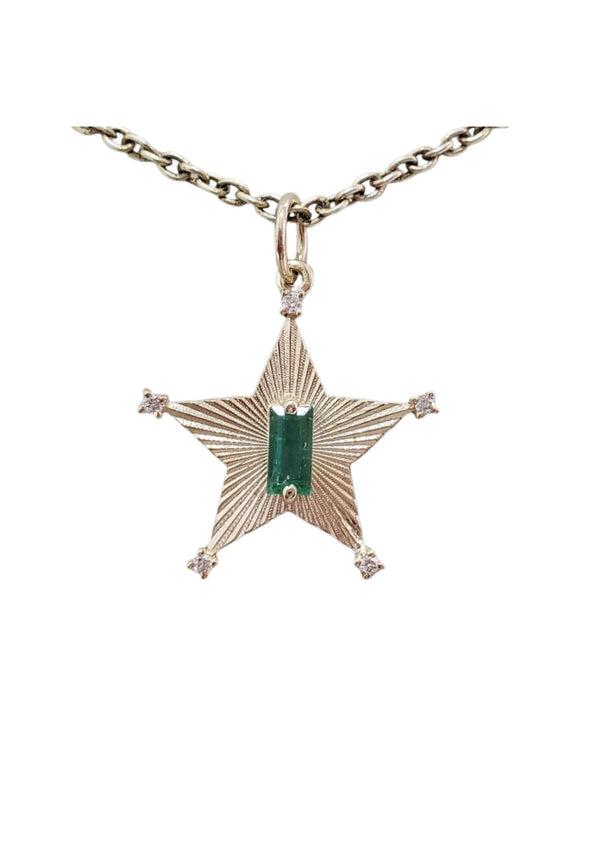 14K Gold Star Emerald & Diamond Pendant