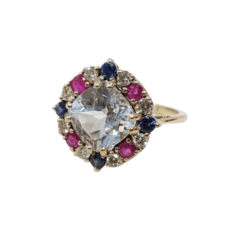 14k Gold Cushion Aquamarine With Ruby, Blue Sapphire and Diamond Ring - K Jewelry Accessories