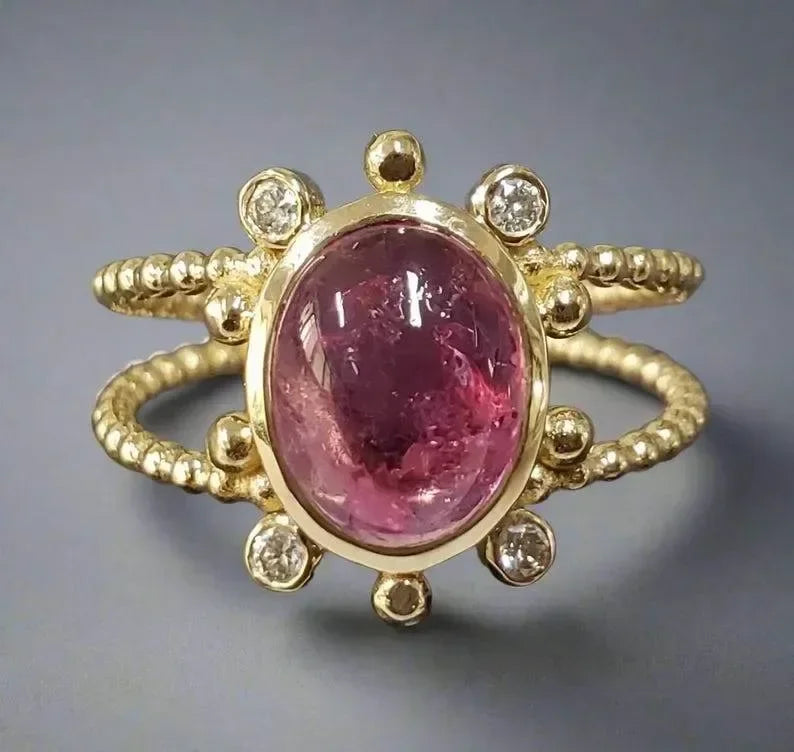 14k Gold Oval Cabochon Pink Tourmaline Diamond Ring - K Jewelry Accessories