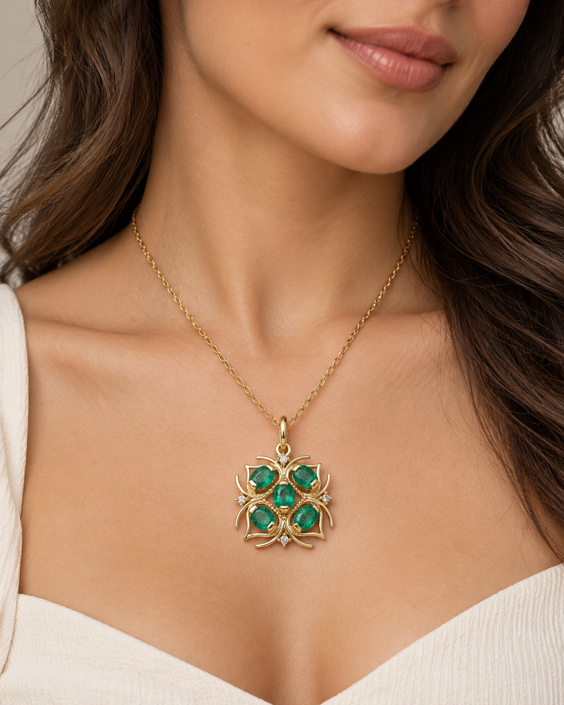 Natural Emerald & Diamond Pendant in 14K Gold, Artistic Leaf Floral