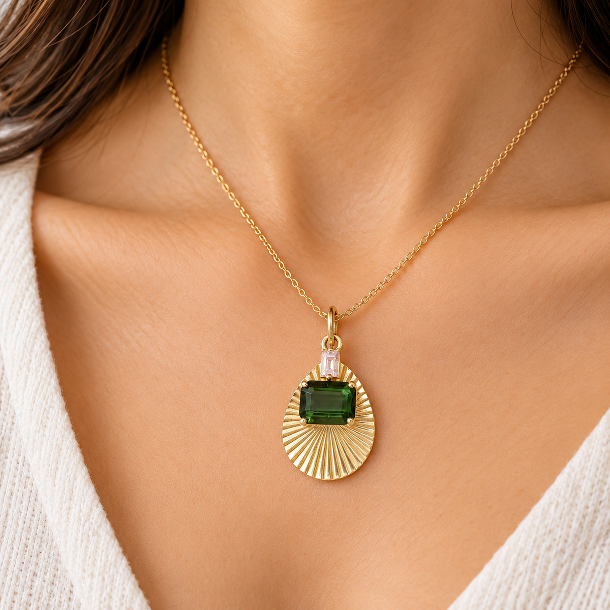 Natural Green Tourmaline & Diamond Pendant in 14K Solid Gold