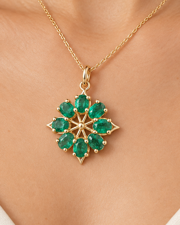 14K Gold Natural Emerald Floral Pendant, Green Gemstone