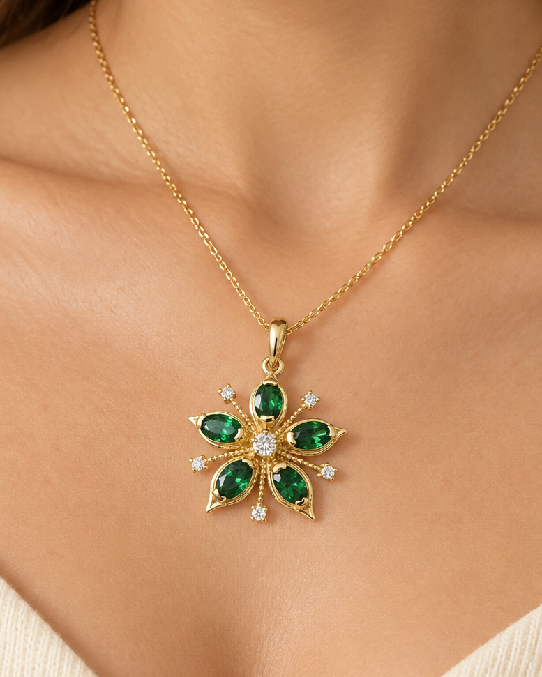 14k Gold Tsavorite & Diamond Floral Pendant, Green Garnet