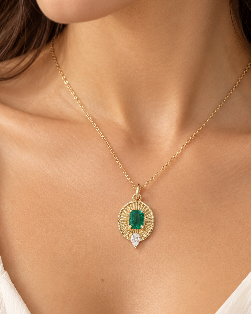 14K Gold Emerald Diamond Pendant, Natural Emerald Sunburst Charm,