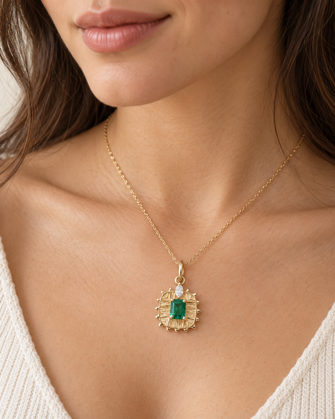 14K Gold Emerald Diamond Pendant, Marquise Diamond