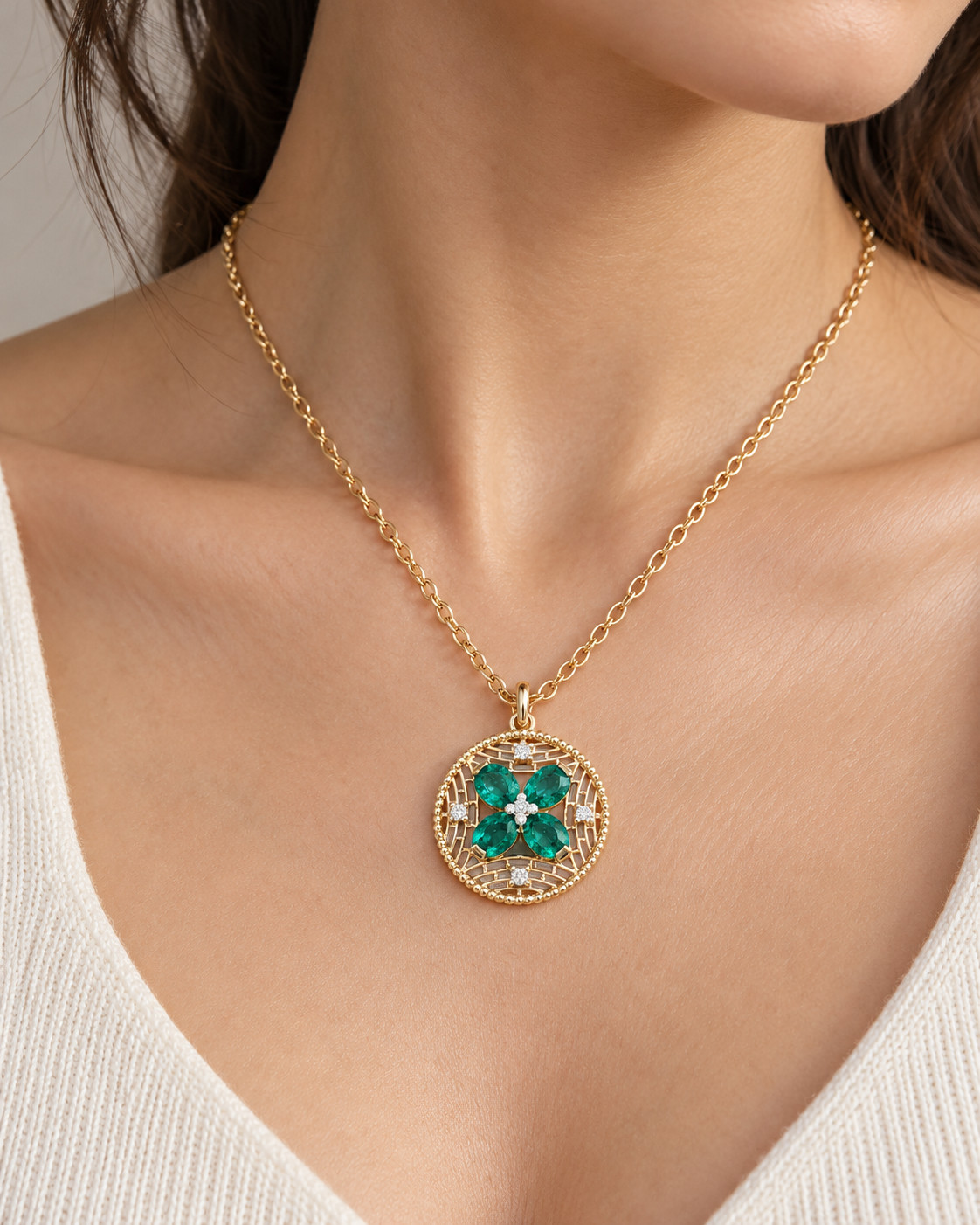 Emerald Flower Pendant, Zambian Emerald & Diamond Filigree Charm in 14K Gold
