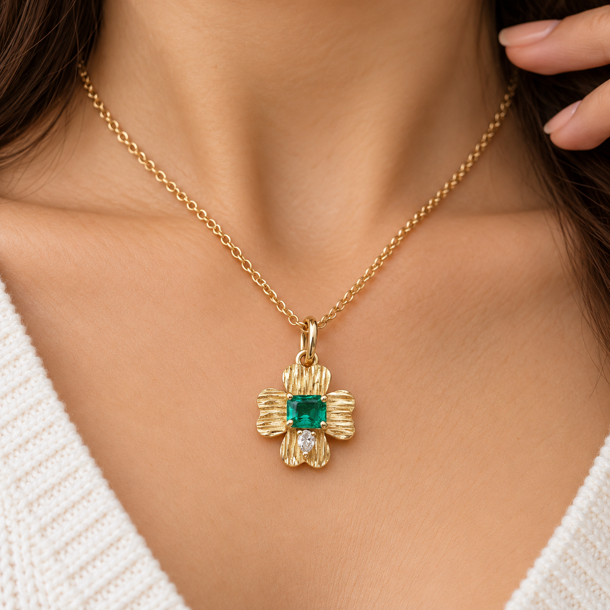Emerald Floral Pendant, Natural Emerald & Diamond Flower Charm in Textured 14K Gold