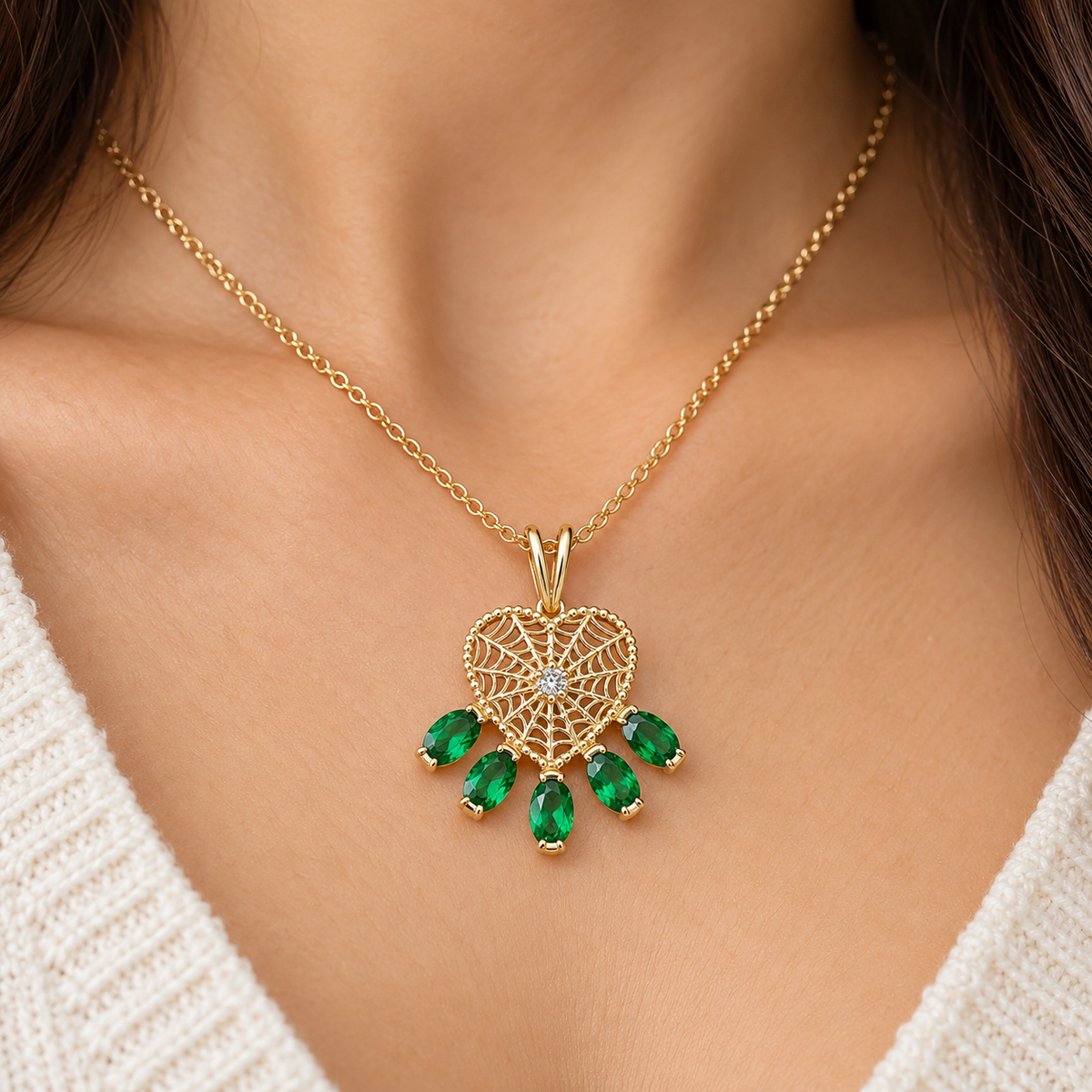 Tsavorite Pendant, Green Garnet & Diamond Spider Web Charm in 14K Gold