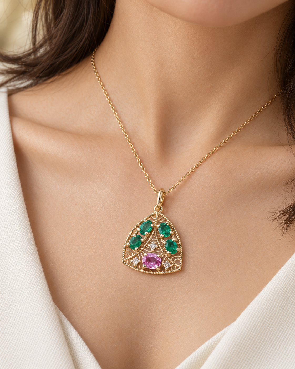 Emeralds & Pink Sapphire Diamond Pendant in 14K Gold