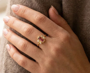 14K Solid Gold Pink Spinel Ring | Baguette Cut Gemstone