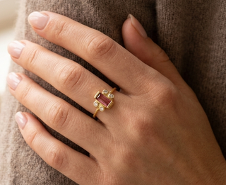 14K Solid Gold Pink Spinel Ring | Baguette Cut Gemstone