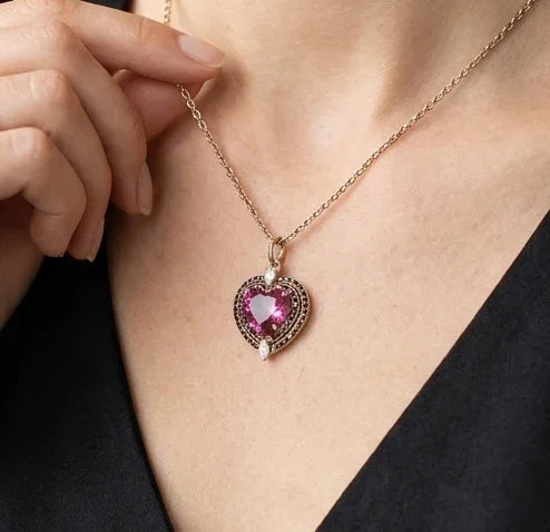 Heart Pink Topaz With Black & White Diamond Pendant