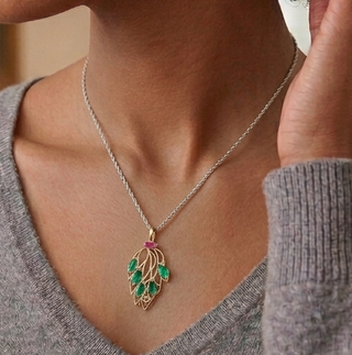 Natural Emerald, Ruby & Diamond Leaf Pendant in 14K Solid Gold